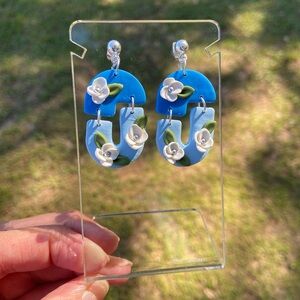 Blue Floral Earrings Polymer Clay New